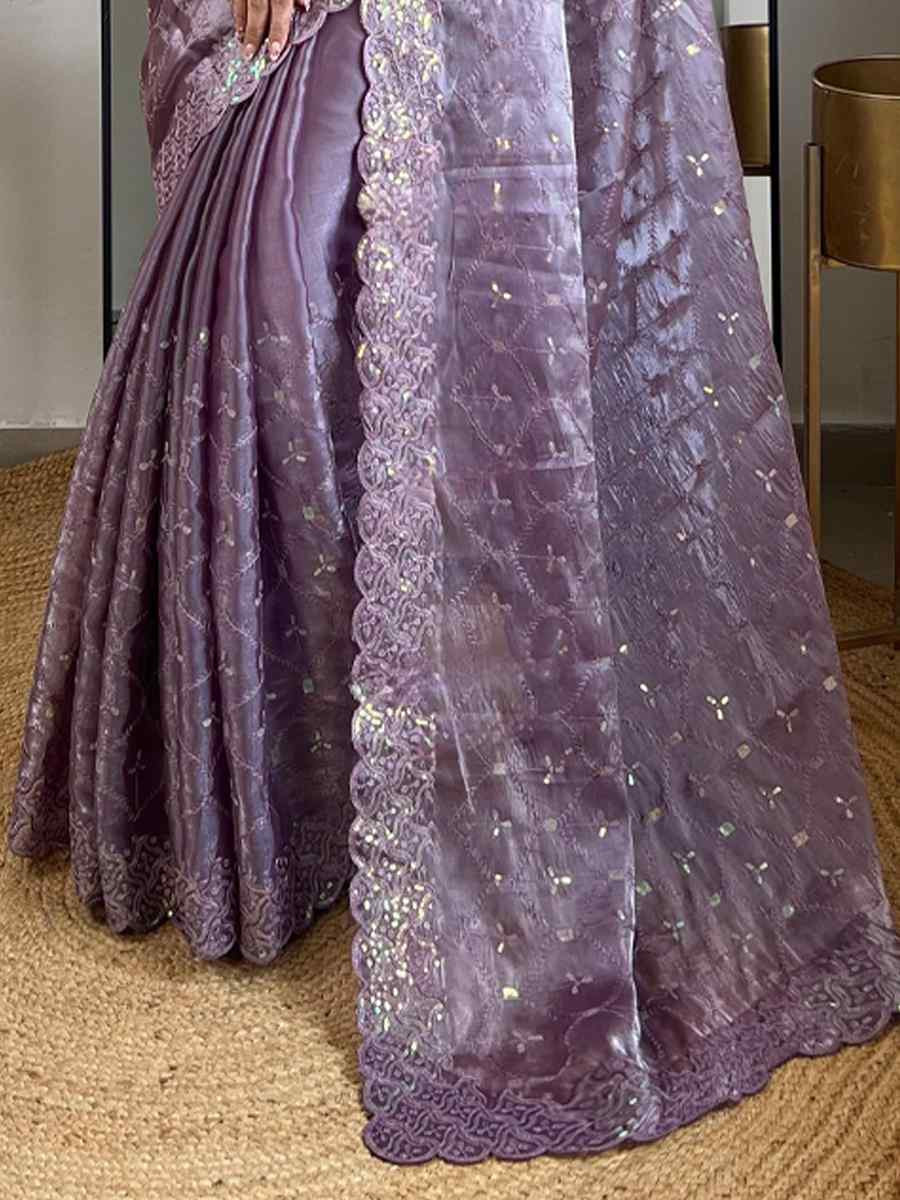 Lavender Soft Jimmy Choo Silk Embroidered Festival Wedding Fancy Heavy Border Saree
