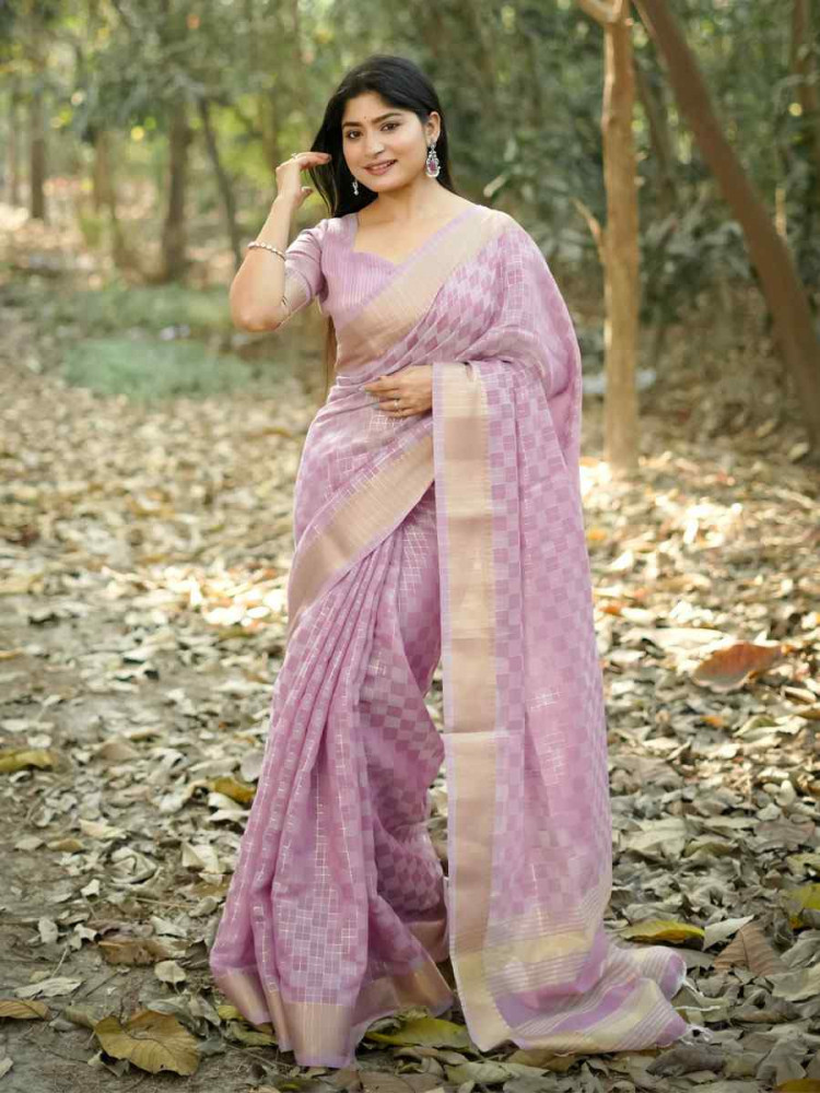 Image of Lavender Soft Kalyani Silk Zari Handwoven Festival Wedding Fancy Heavy Border Saree