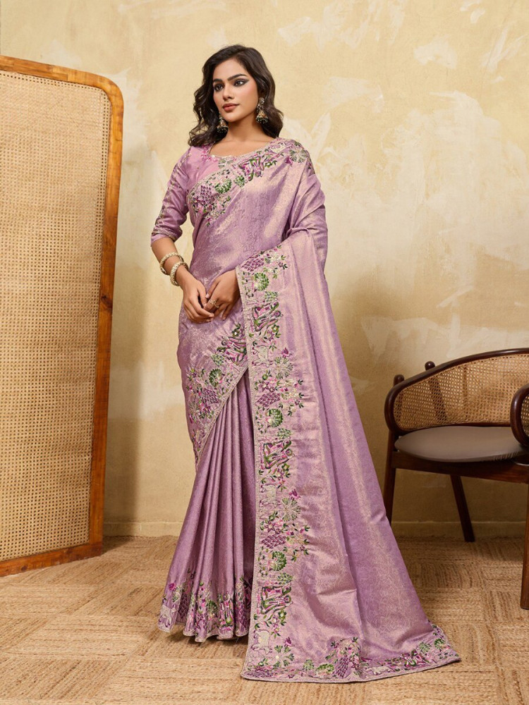 Image of Lavender Soft Kanjiwarm Silk Embroidery Wedding Reception Party Festival Casual Heavy Border Sarees