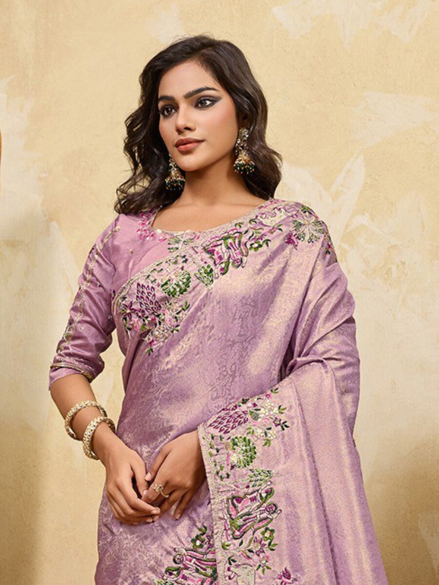Lavender Soft Kanjiwarm Silk Embroidery Wedding Reception Party Festival Casual Heavy Border Sarees