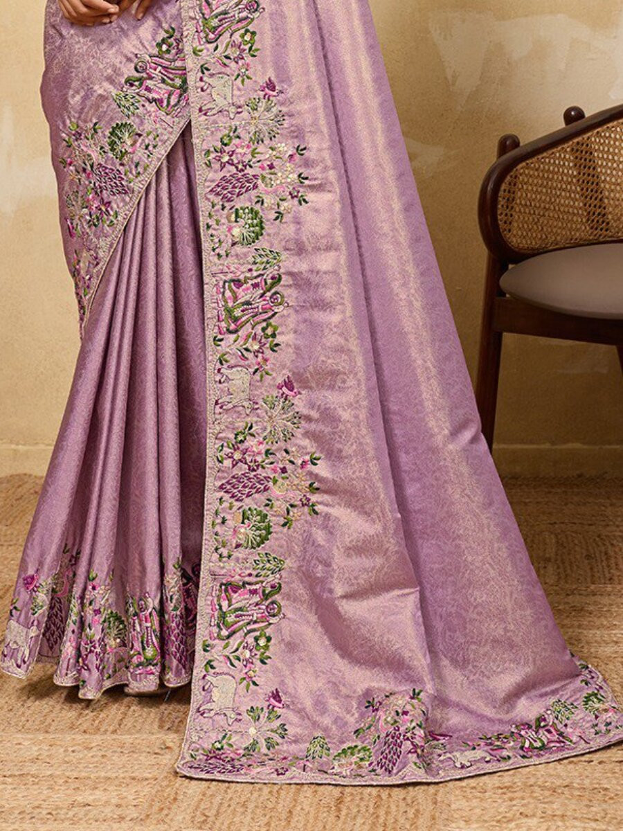Lavender Soft Kanjiwarm Silk Embroidery Wedding Reception Party Festival Casual Heavy Border Sarees