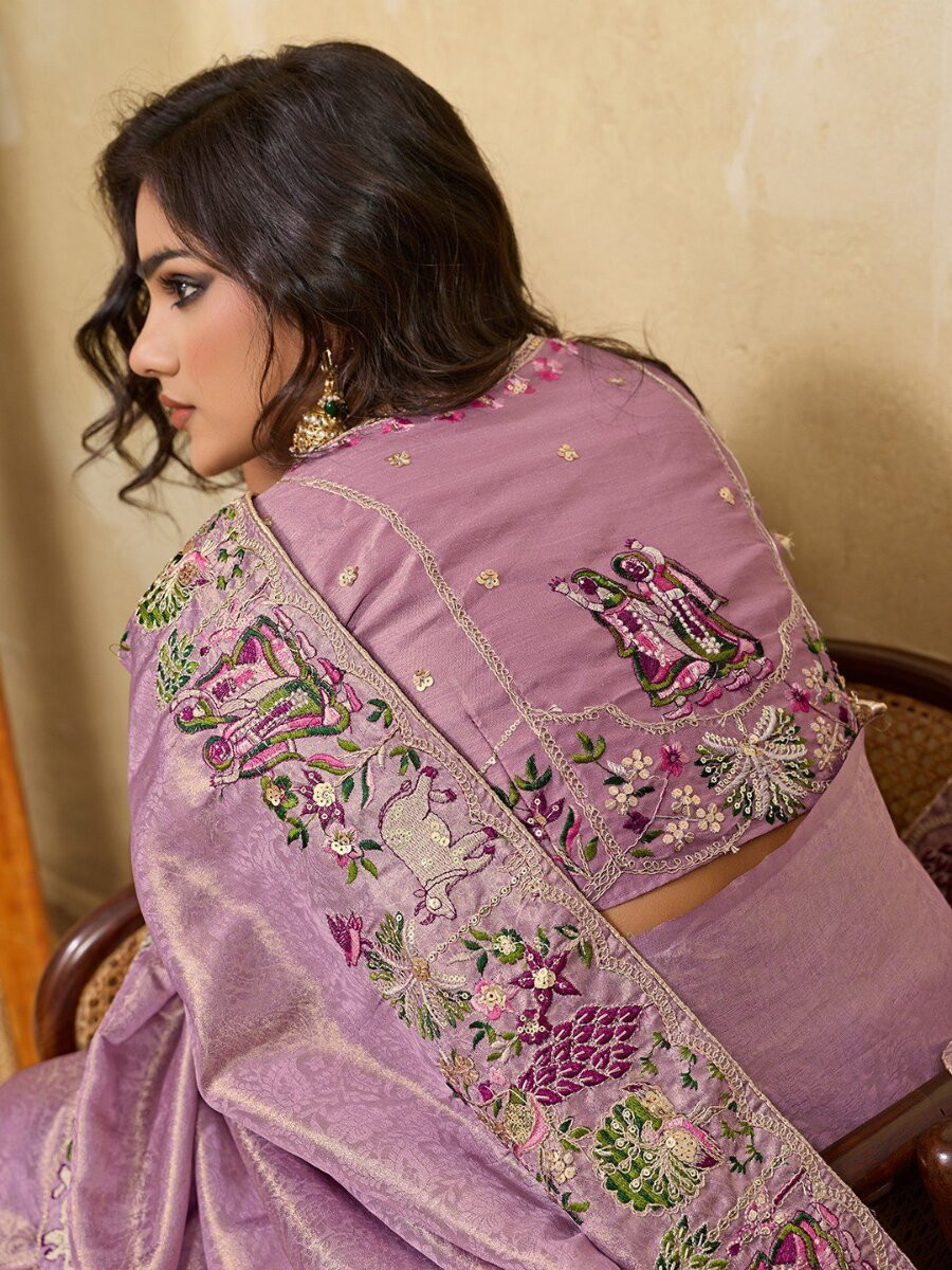 Lavender Soft Kanjiwarm Silk Embroidery Wedding Reception Party Festival Casual Heavy Border Sarees