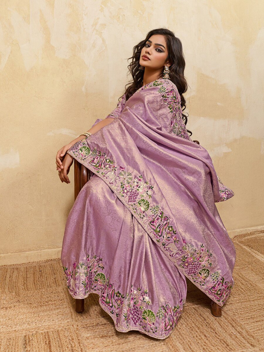 Lavender Soft Kanjiwarm Silk Embroidery Wedding Reception Party Festival Casual Heavy Border Sarees
