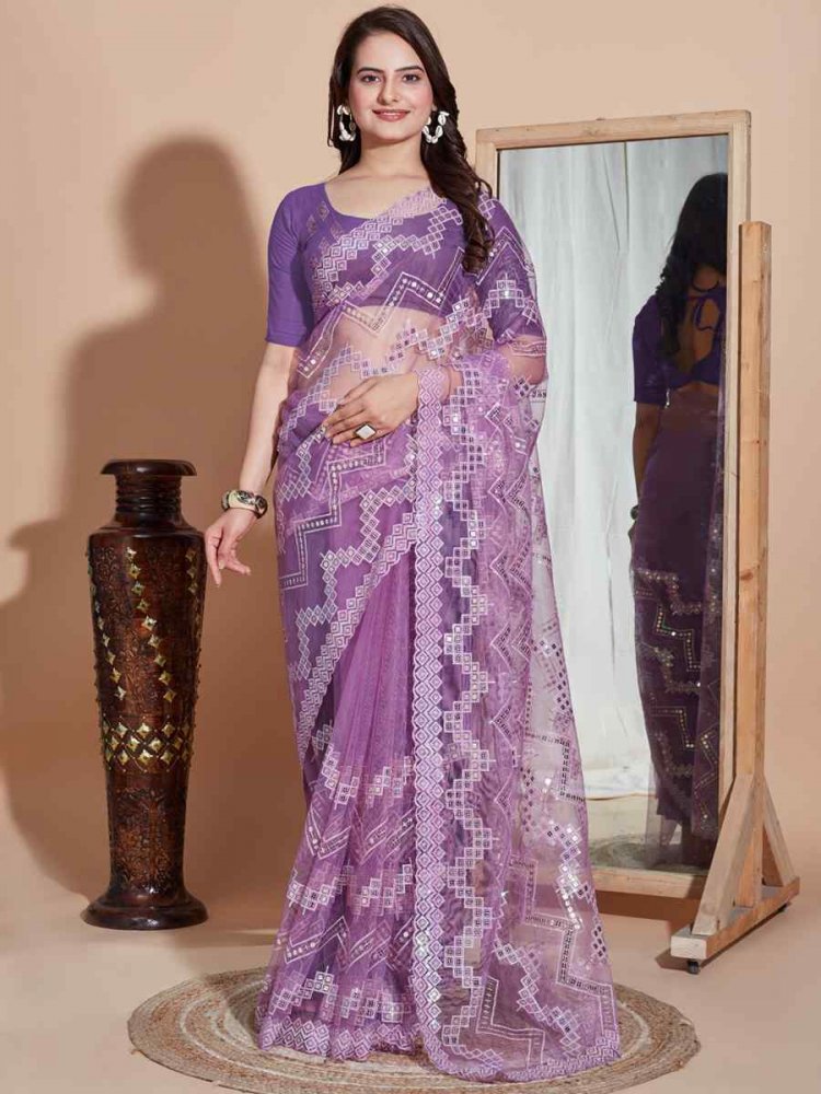Lavender Soft Net Embroidered Party Wedding Classic Style Saree