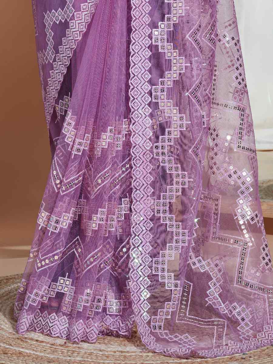 Lavender Soft Net Embroidered Party Wedding Classic Style Saree