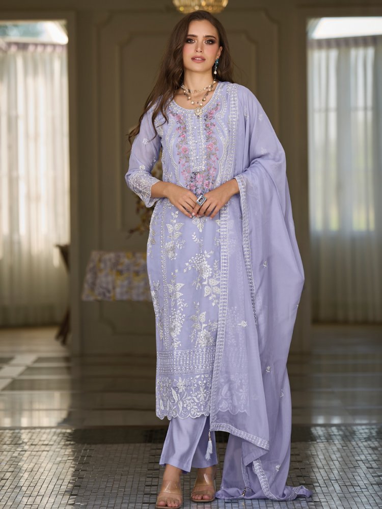 Lavender Soft Organza Embroidered Festival Casual Ready Pant Salwar Kameez