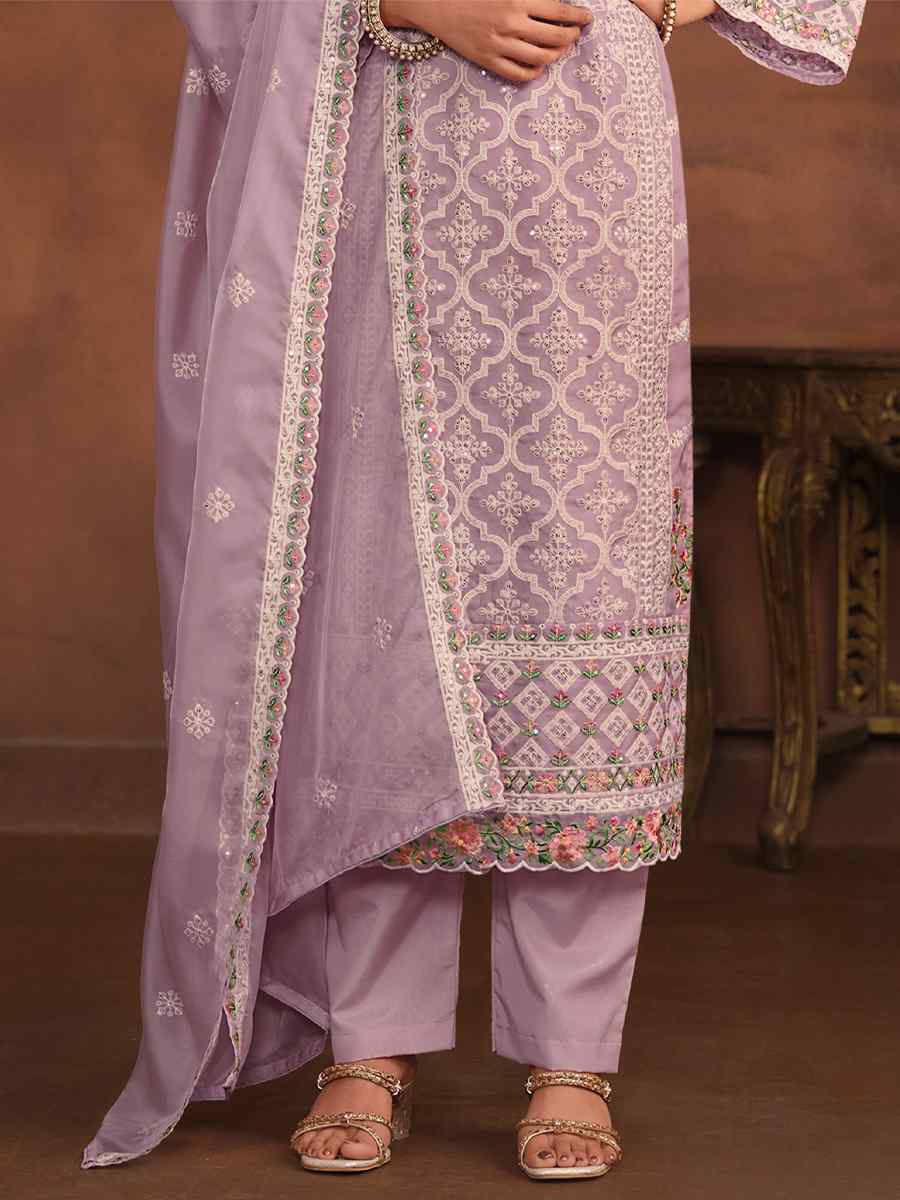 Lavender Soft Organza Embroidered Festival Wedding Pant Salwar Kameez