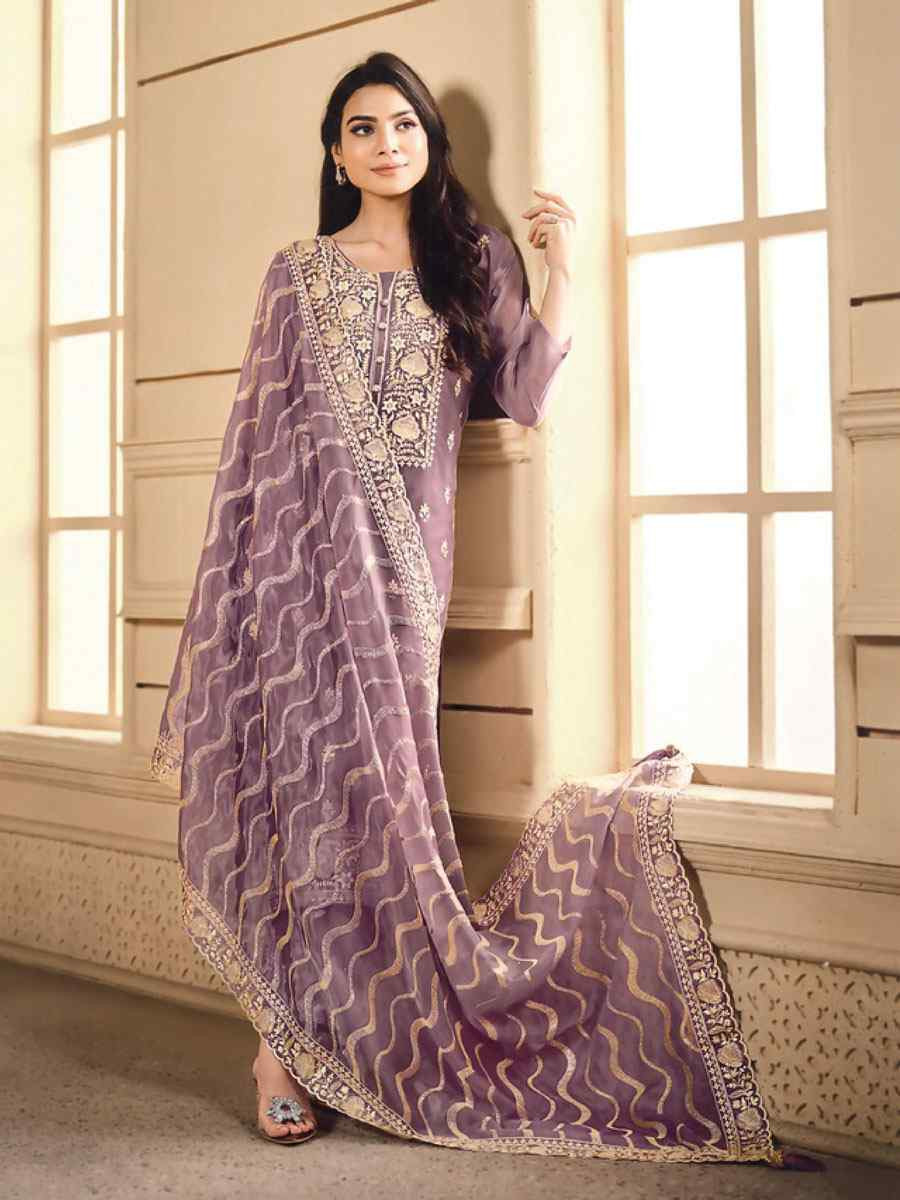 Lavender Soft Organza Embroidered Festival Wedding Pant Salwar Kameez
