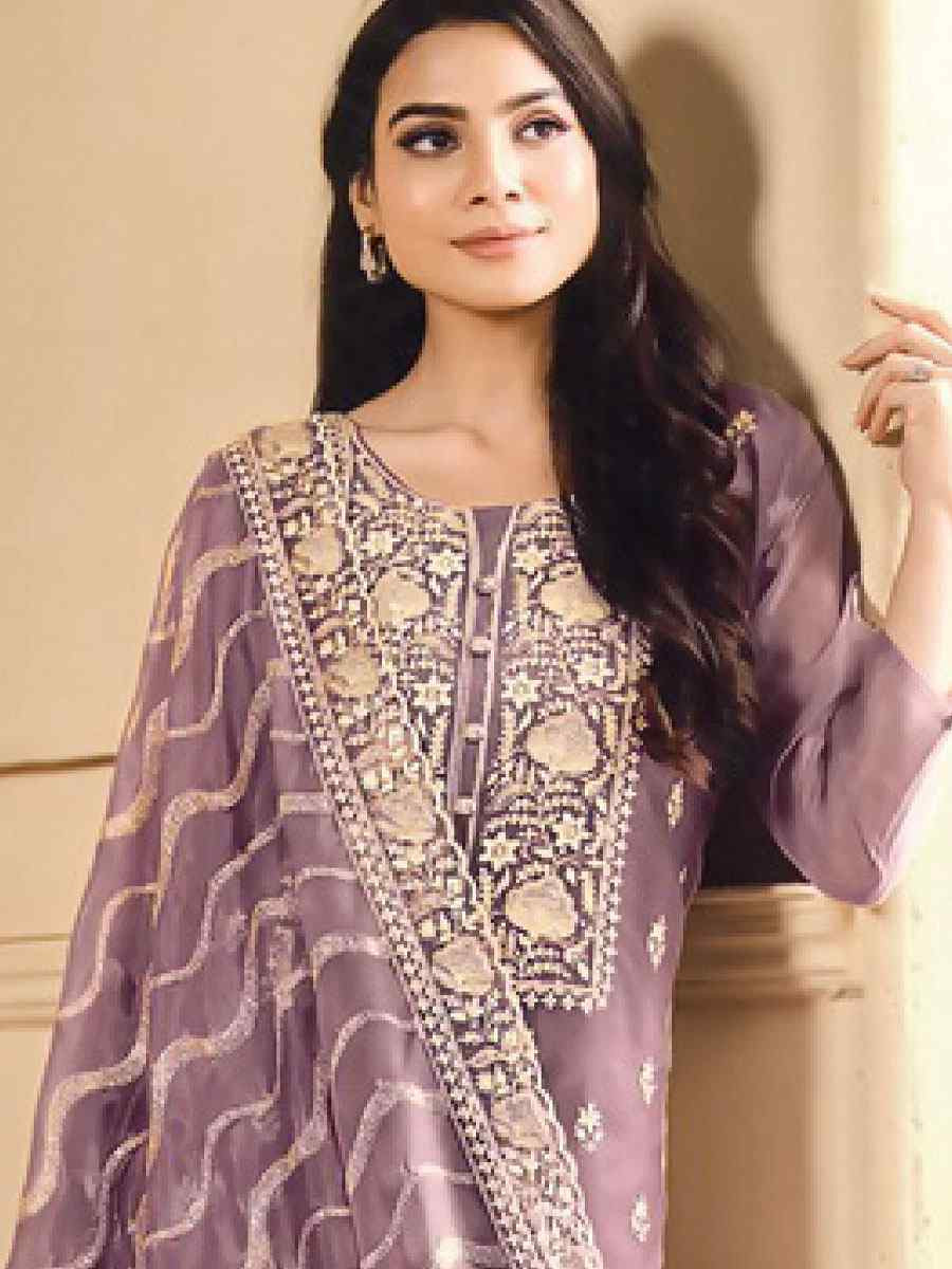 Lavender Soft Organza Embroidered Festival Wedding Pant Salwar Kameez