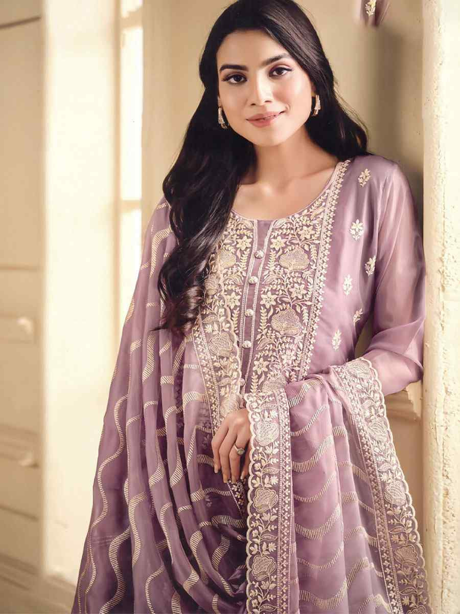 Lavender Soft Organza Embroidered Festival Wedding Pant Salwar Kameez