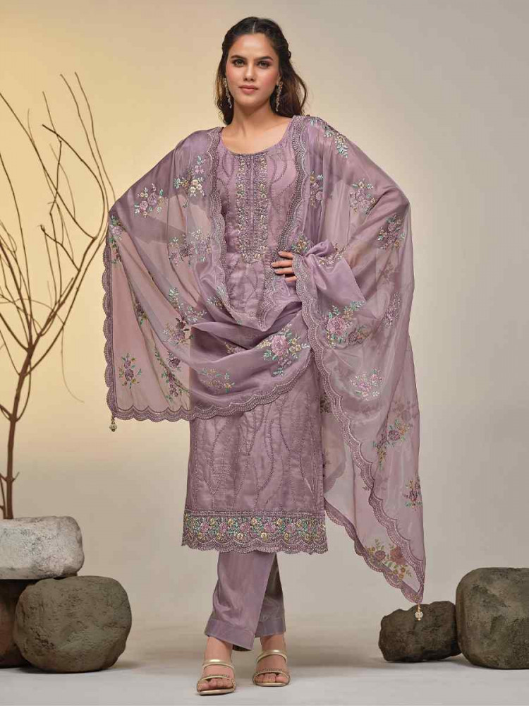 Lavender Soft Organza Embroidered Festival Wedding Pant Salwar Kameez
