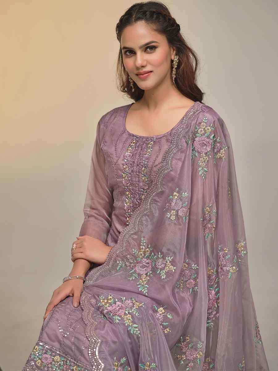 Lavender Soft Organza Embroidered Festival Wedding Pant Salwar Kameez