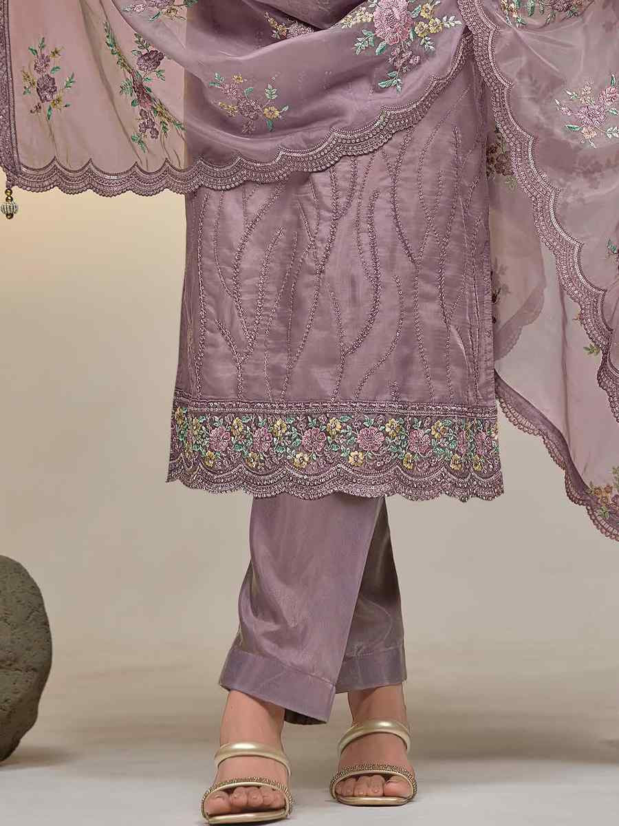 Lavender Soft Organza Embroidered Festival Wedding Pant Salwar Kameez