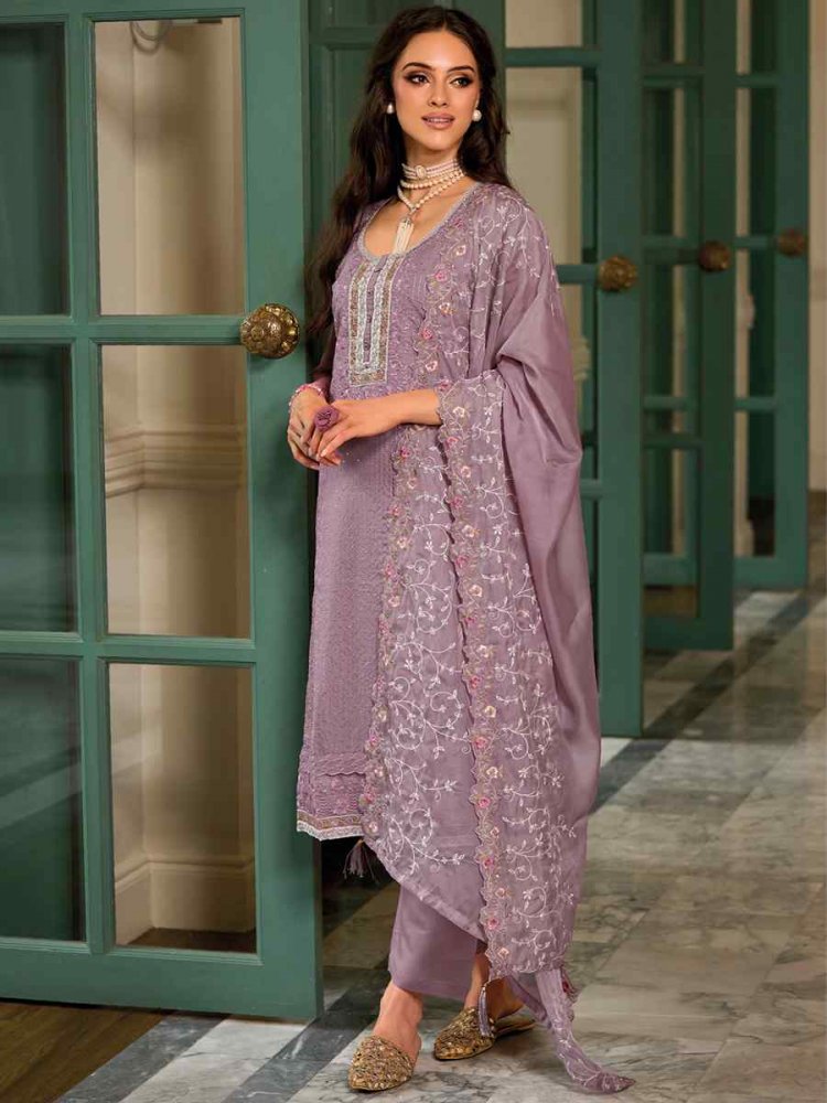 Lavender Soft Organza Embroidered Festival Wedding Ready Pant Salwar Kameez