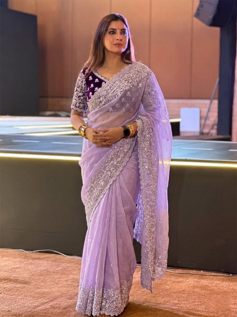 Lavender Soft Organza Embroidery Cutwork Border Wedding Reception Festival Party Wear Casual Heavy Border Sarees
