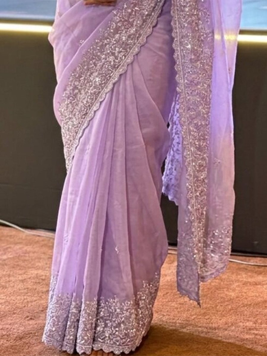Lavender Soft Organza Embroidery Cutwork Border Wedding Reception Festival Party Wear Casual Heavy Border Sarees