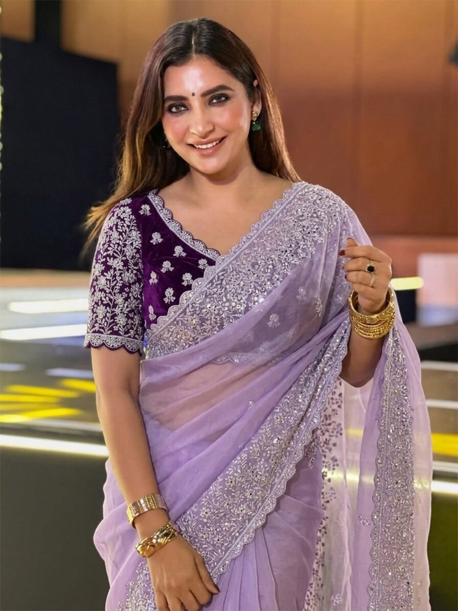 Lavender Soft Organza Embroidery Cutwork Border Wedding Reception Festival Party Wear Casual Heavy Border Sarees