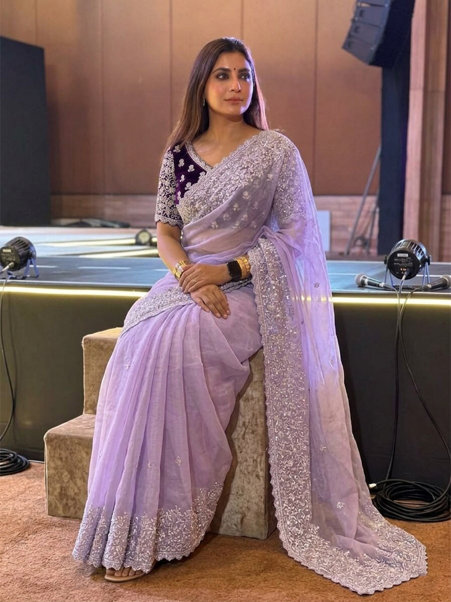 Lavender Soft Organza Embroidery Cutwork Border Wedding Reception Festival Party Wear Casual Heavy Border Sarees