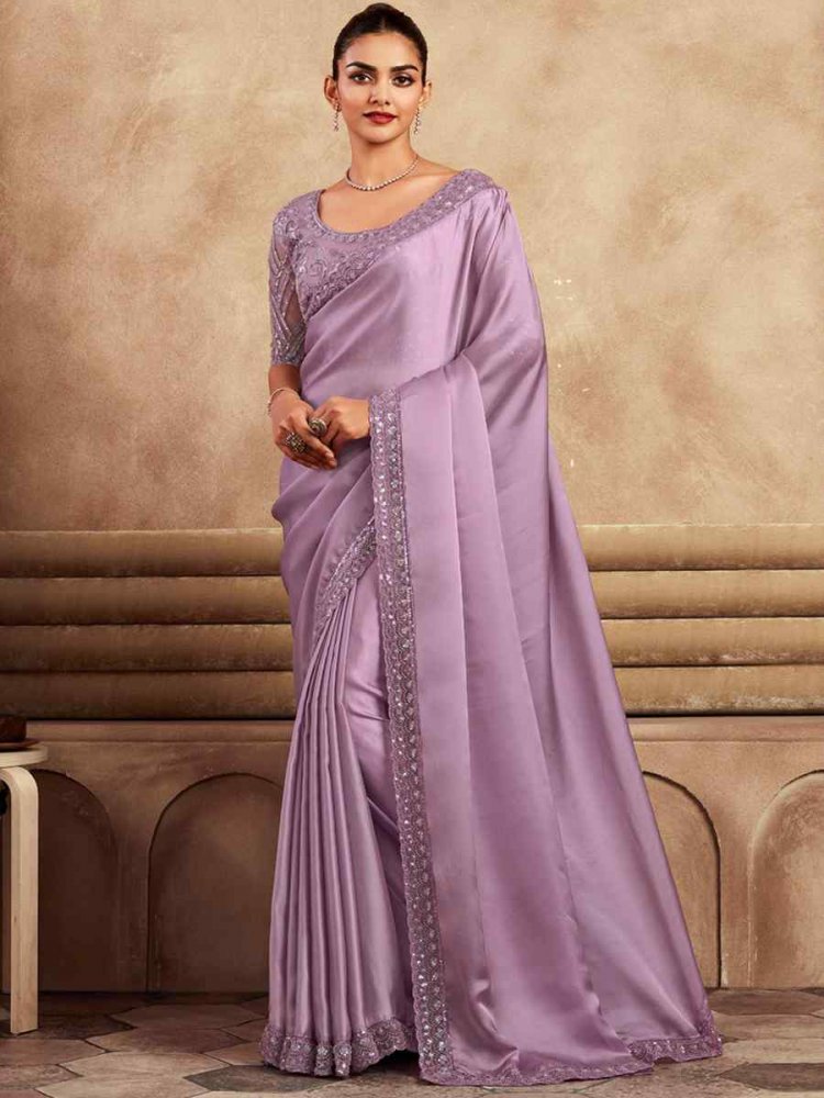 Lavender Soft Satin Silk Embroidered Bridesmaid Reception Heavy Border Saree