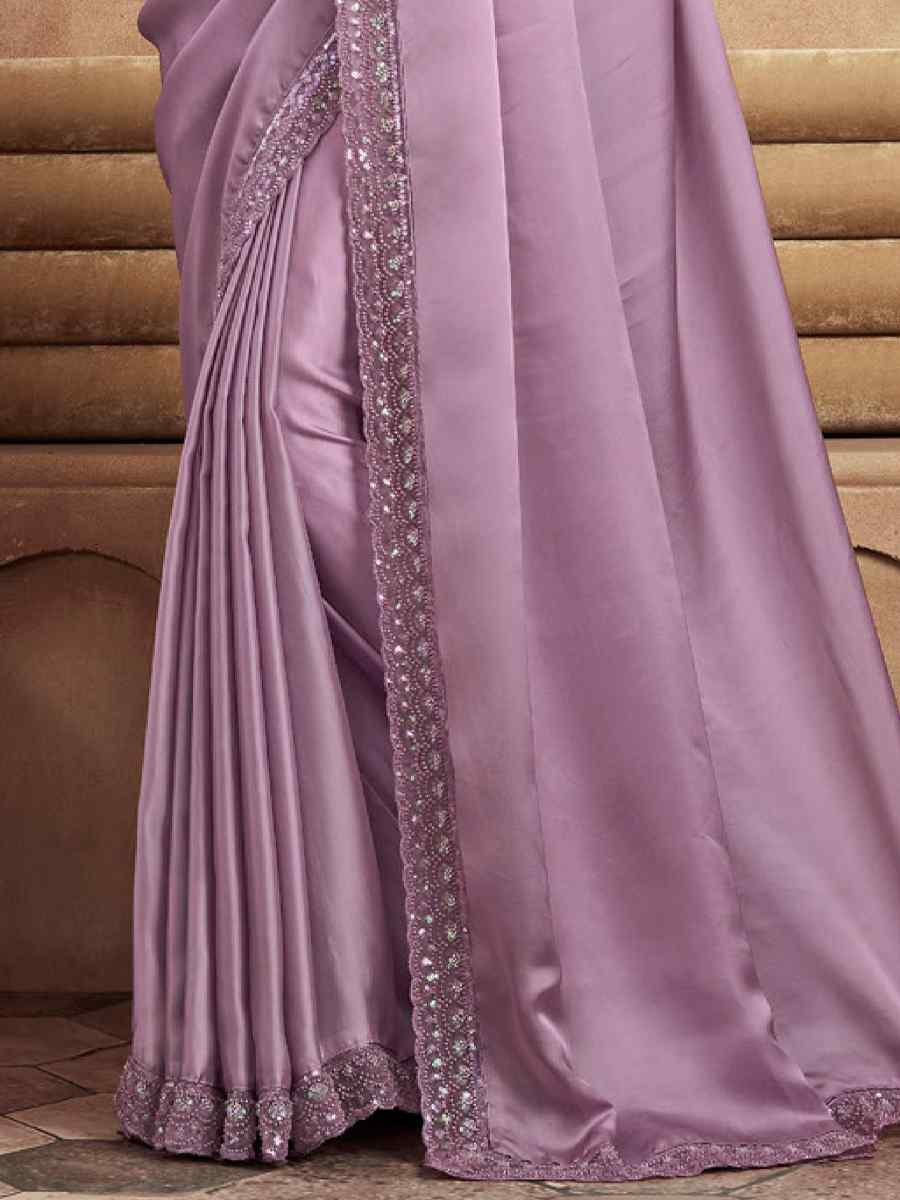 Lavender Soft Satin Silk Embroidered Bridesmaid Reception Heavy Border Saree