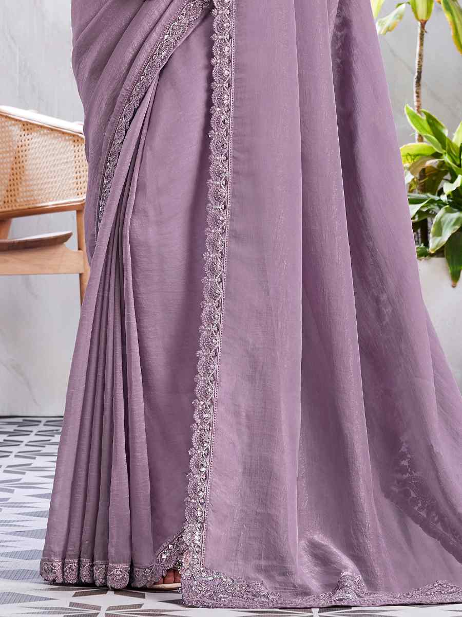 Lavender Soft Shine Silk Embroidered Bridesmaid Reception Heavy Border Saree