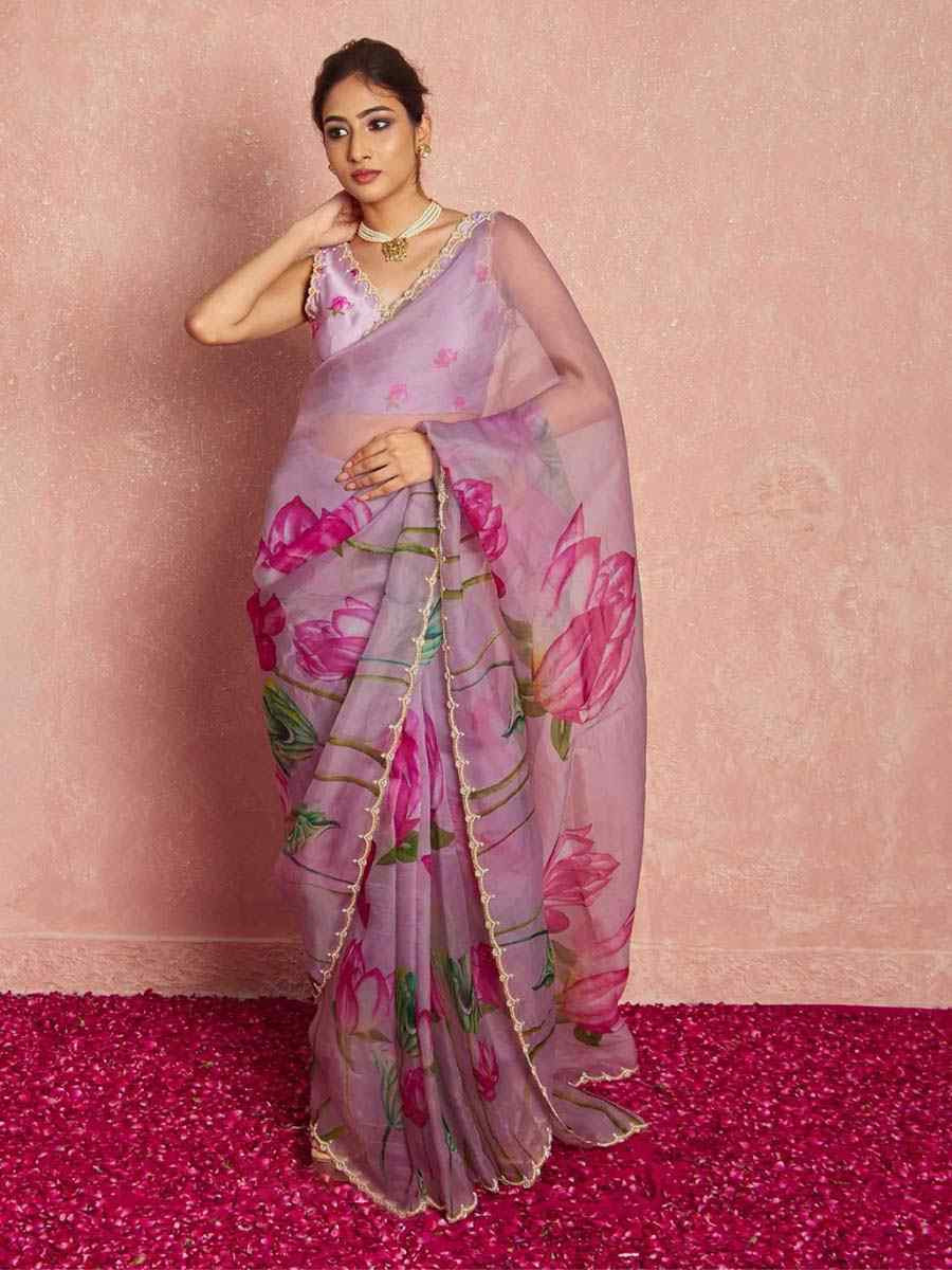 Lavender Soft Tebi Silk Embroidered Festival Wedding Fancy Heavy Border Saree
