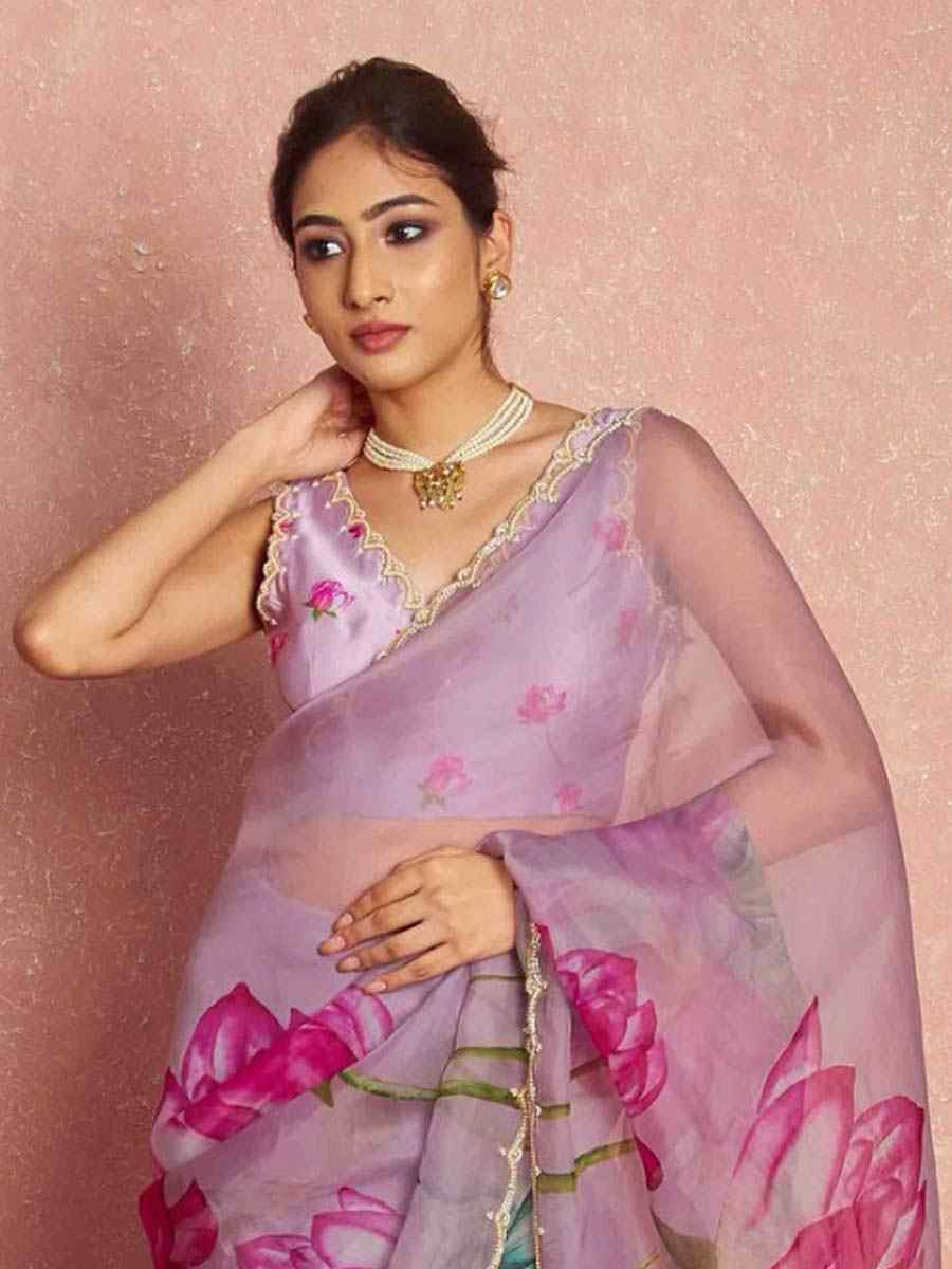 Lavender Soft Tebi Silk Embroidered Festival Wedding Fancy Heavy Border Saree