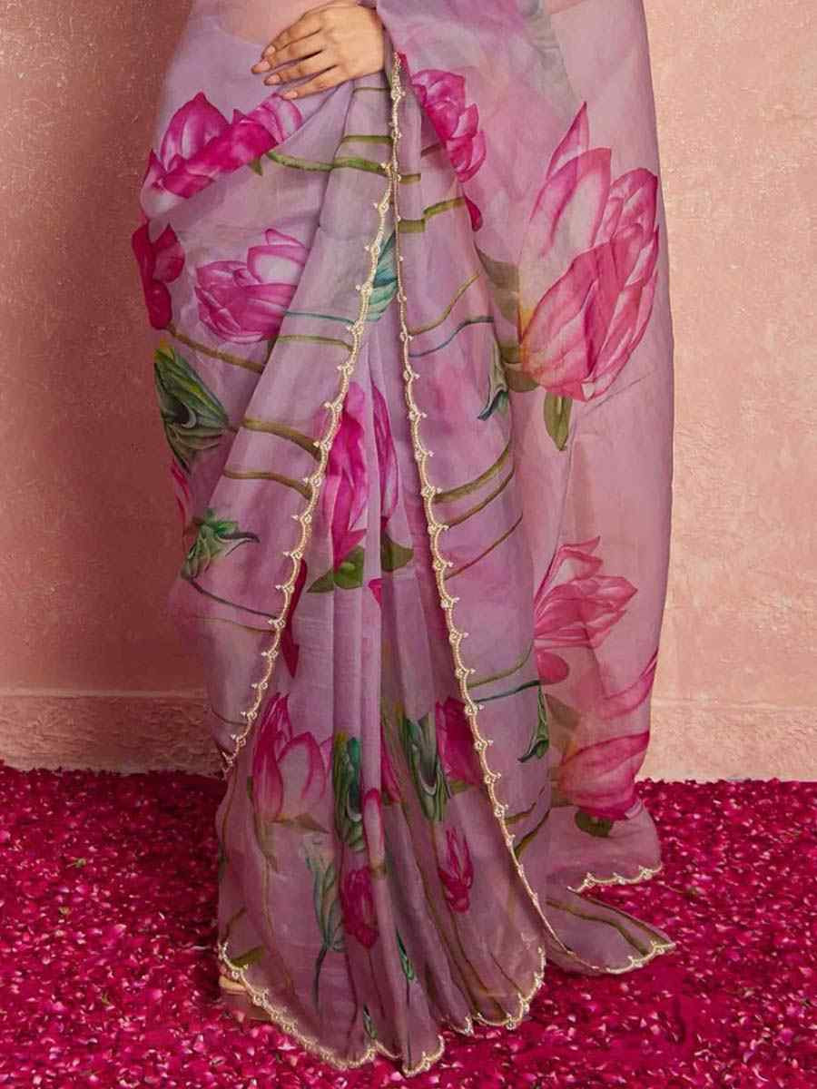 Lavender Soft Tebi Silk Embroidered Festival Wedding Fancy Heavy Border Saree