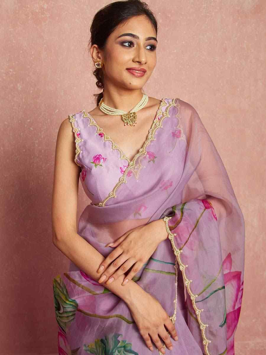 Lavender Soft Tebi Silk Embroidered Festival Wedding Fancy Heavy Border Saree