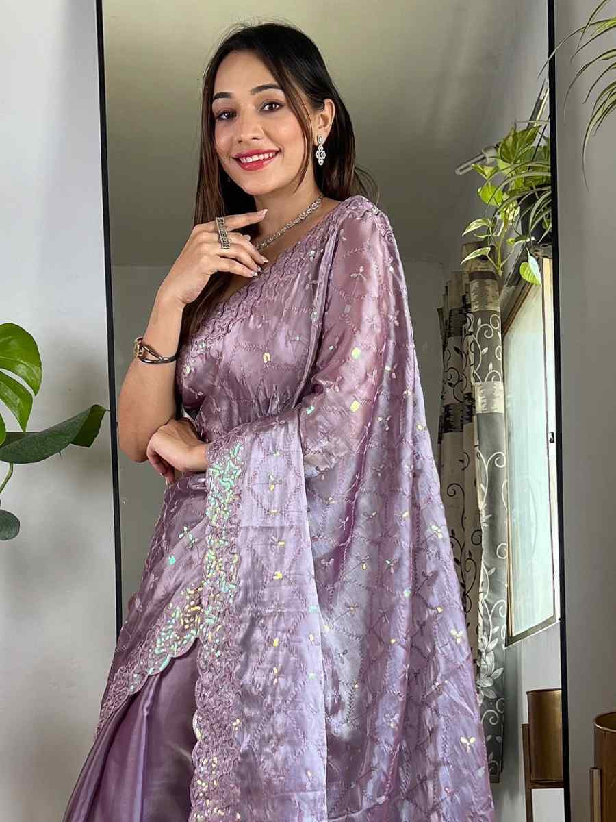 Lavender Soft Zimmy choo Silk Embroidery Traditional Bridal Reception Festival Wedding Fancy Heavy Border Saree