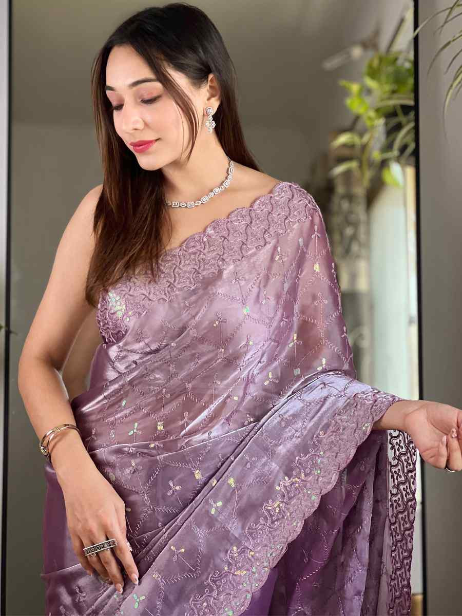 Lavender Soft Zimmy choo Silk Embroidery Traditional Bridal Reception Festival Wedding Fancy Heavy Border Saree