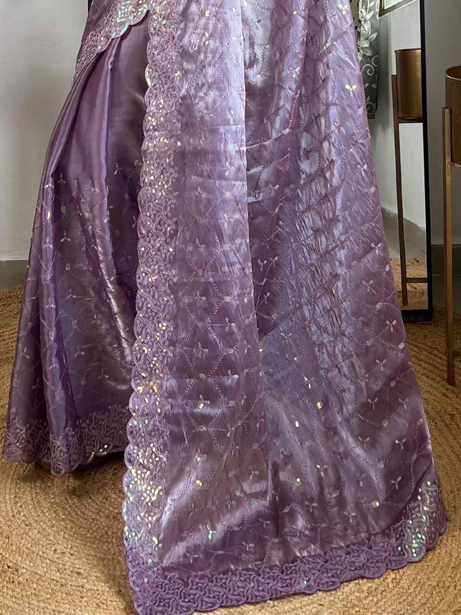 Lavender Soft Zimmy choo Silk Embroidery Traditional Bridal Reception Festival Wedding Fancy Heavy Border Saree