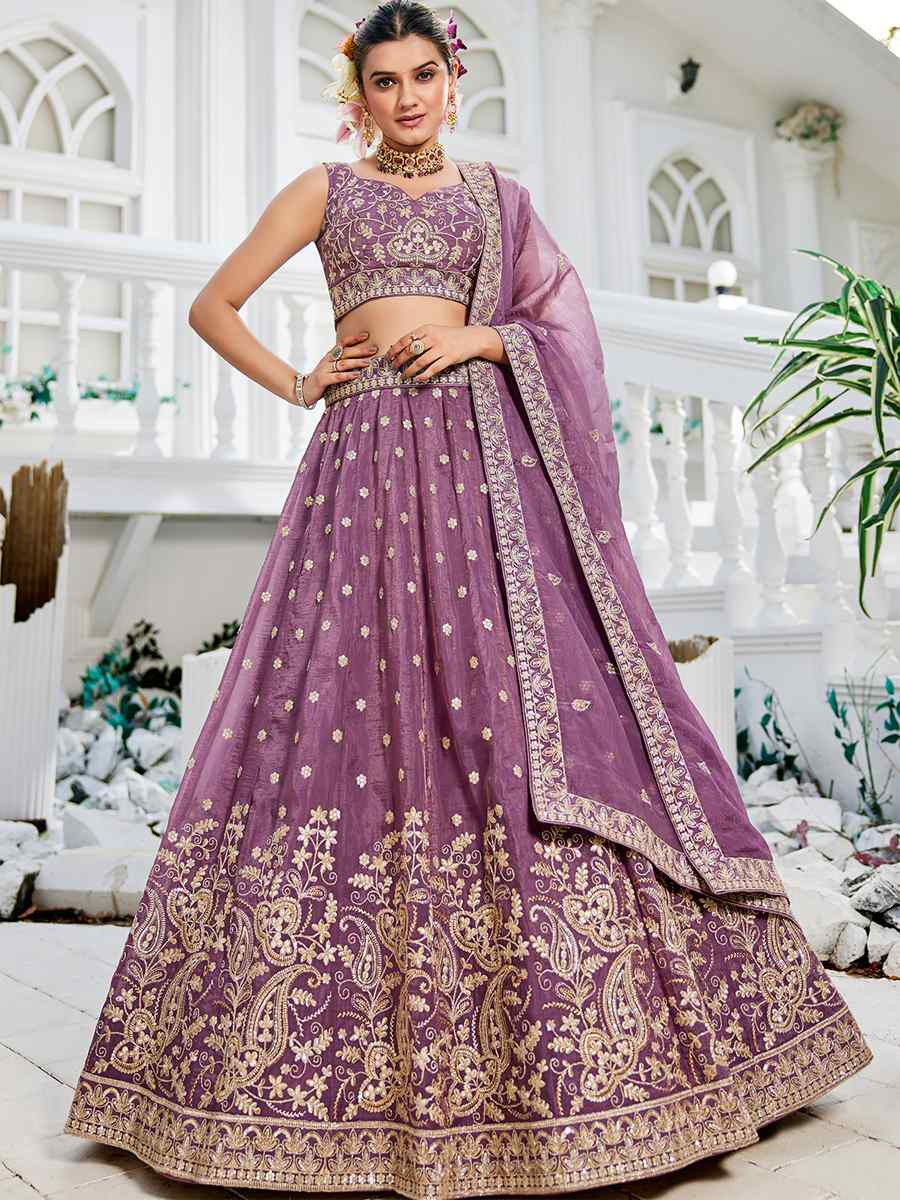 Lavender Tissue Embroidered Festival Reception Wedding Party Wear Heavy Border Lehenga Choli