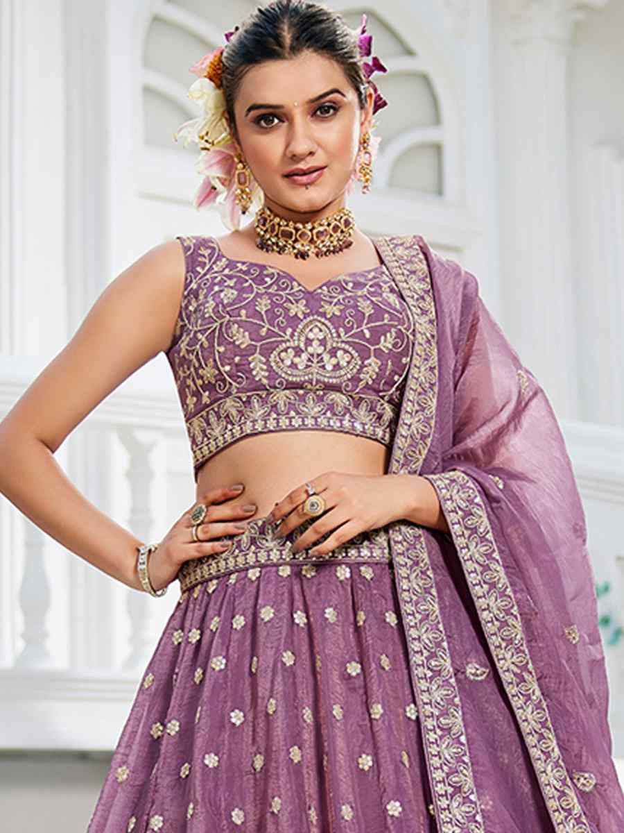 Lavender Tissue Embroidered Festival Reception Wedding Party Wear Heavy Border Lehenga Choli