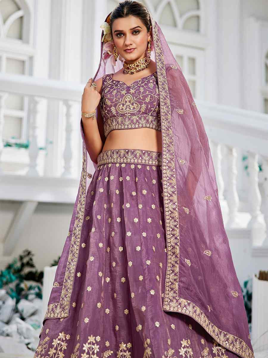 Lavender Tissue Embroidered Festival Reception Wedding Party Wear Heavy Border Lehenga Choli