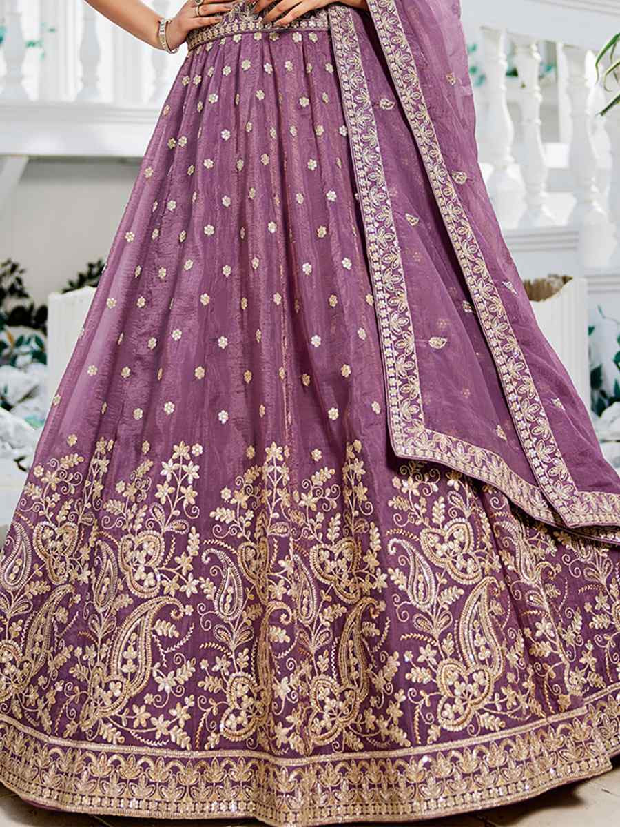 Lavender Tissue Embroidered Festival Reception Wedding Party Wear Heavy Border Lehenga Choli