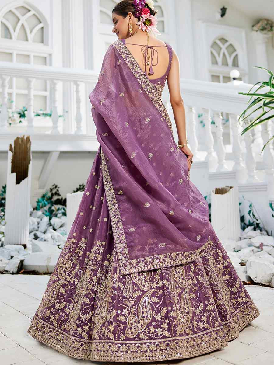 Lavender Tissue Embroidered Festival Reception Wedding Party Wear Heavy Border Lehenga Choli