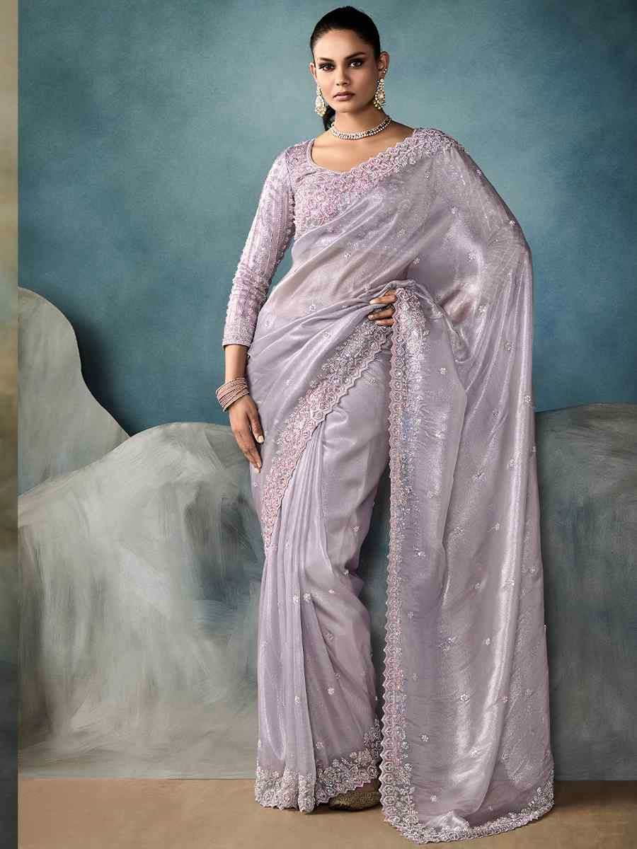 Lavender Tissue Embroidered Festival Wedding Fancy Heavy Border Saree