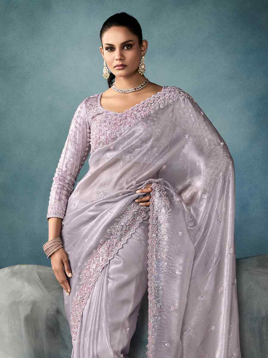 Lavender Tissue Embroidered Festival Wedding Fancy Heavy Border Saree