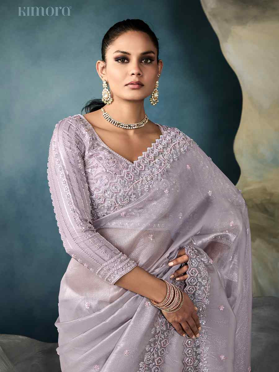 Lavender Tissue Embroidered Festival Wedding Fancy Heavy Border Saree