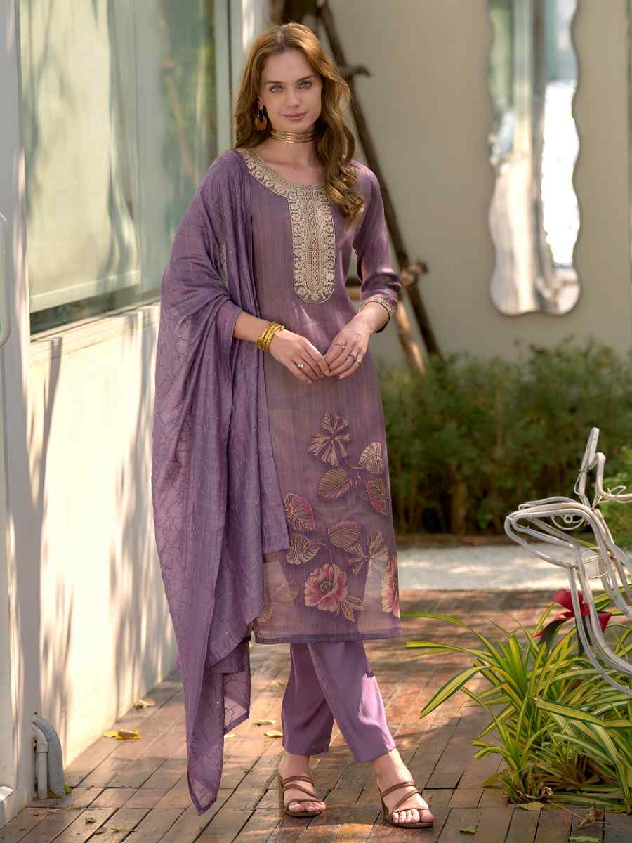Lavender Tissue Embroidered Party Wedding Ready Pant Salwar Kameez