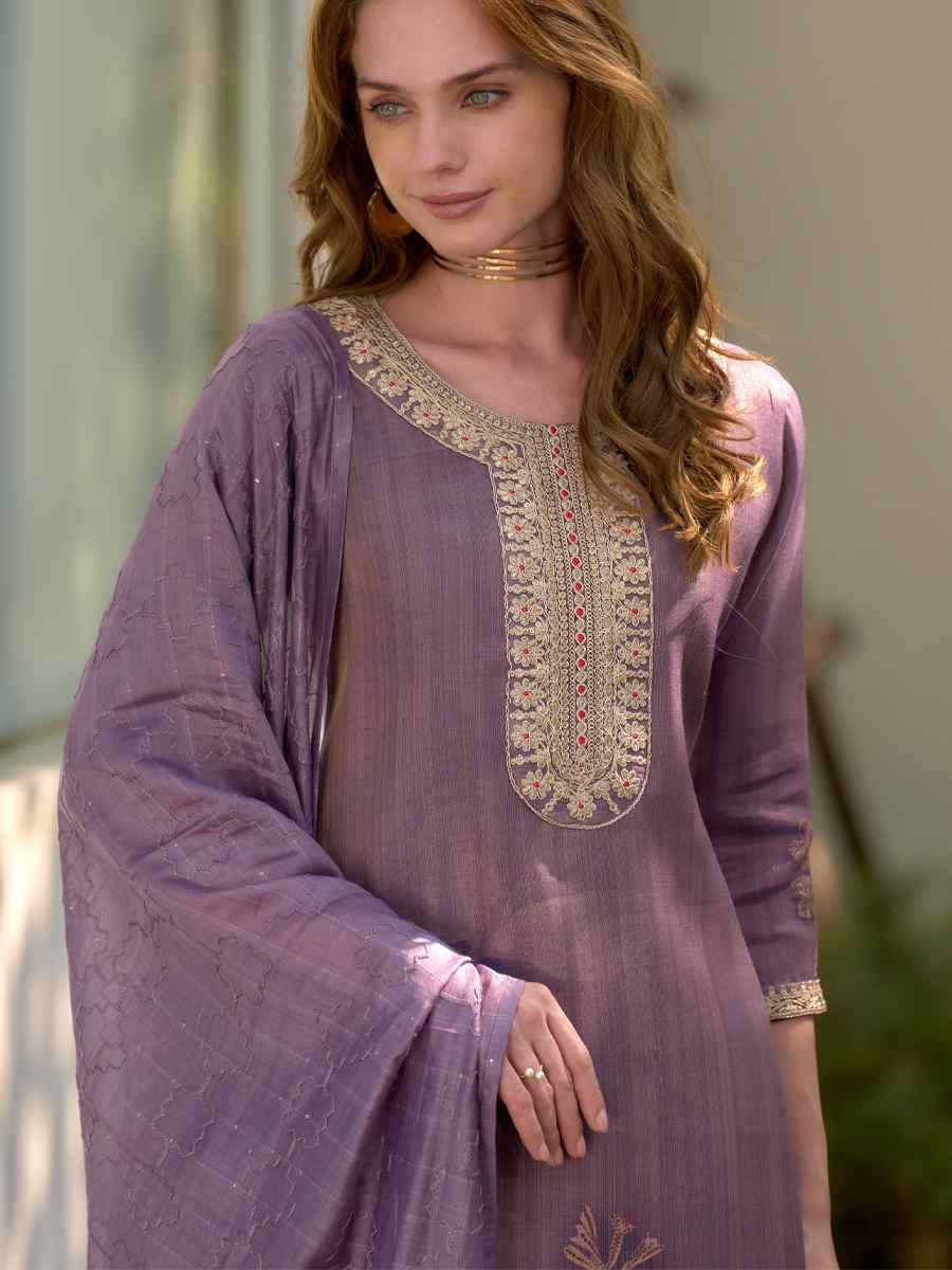 Lavender Tissue Embroidered Party Wedding Ready Pant Salwar Kameez