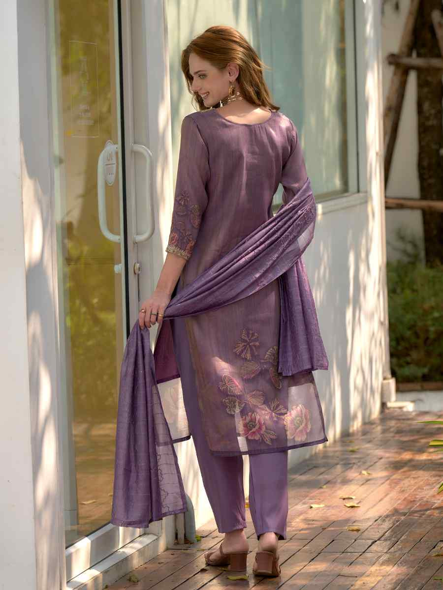 Lavender Tissue Embroidered Party Wedding Ready Pant Salwar Kameez