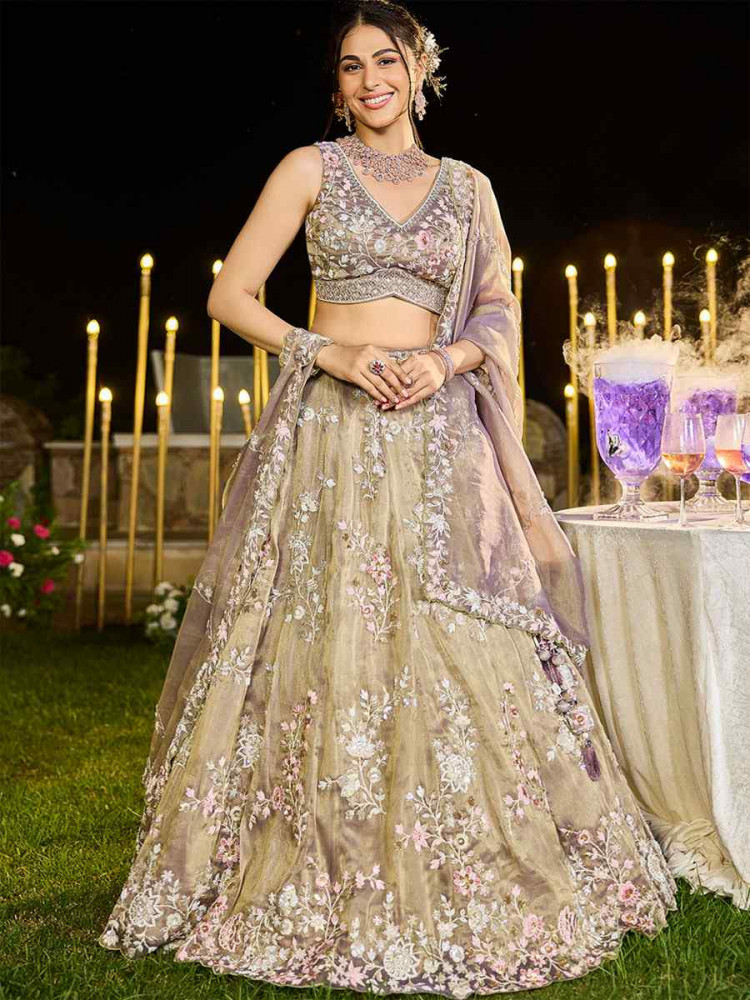 Image of Lavender Tissue Embroidered Wedding Reception Festival Heavy Border Lehenga Choli