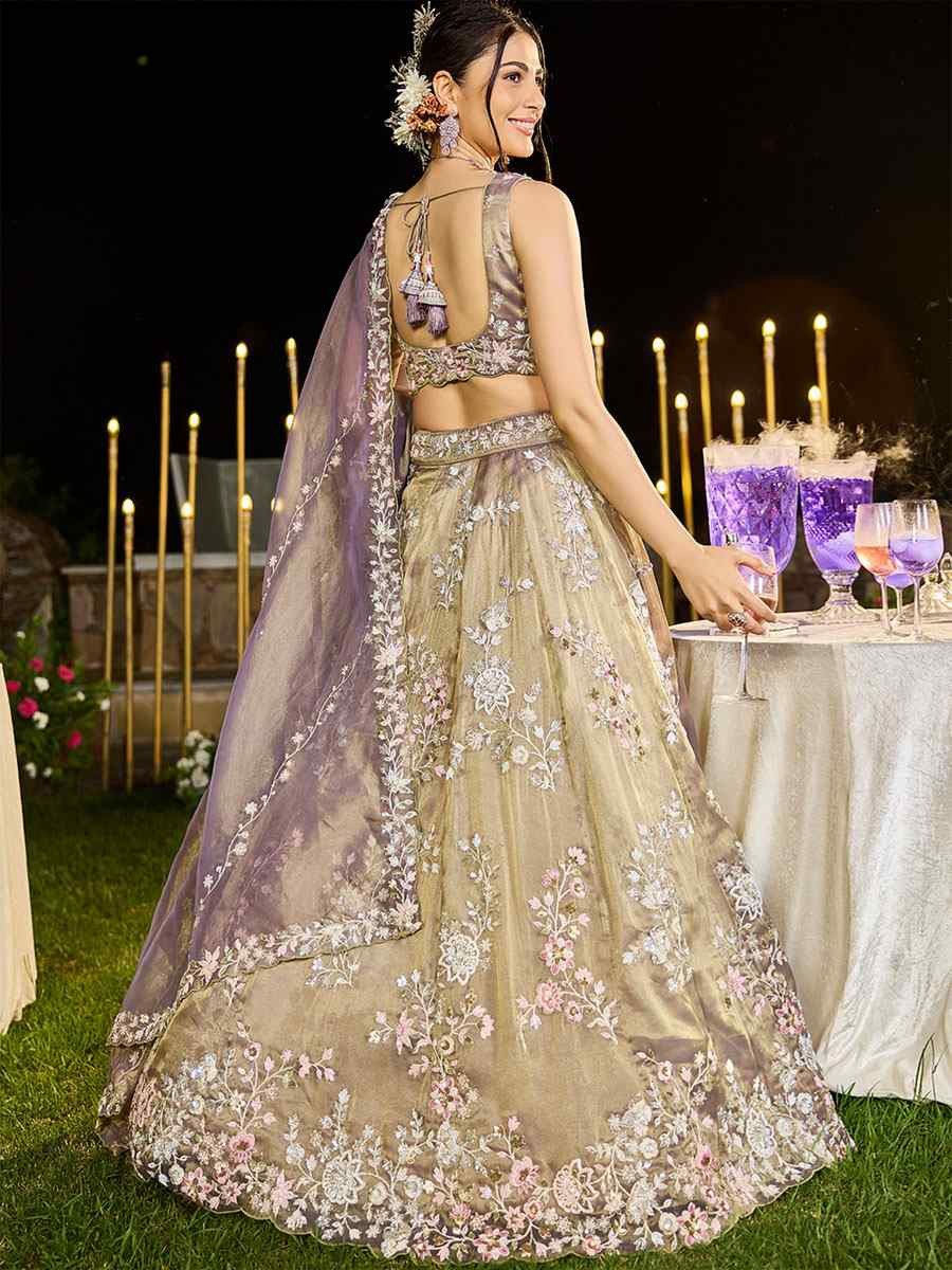 Lavender Tissue Embroidered Wedding Reception Festival Heavy Border Lehenga Choli