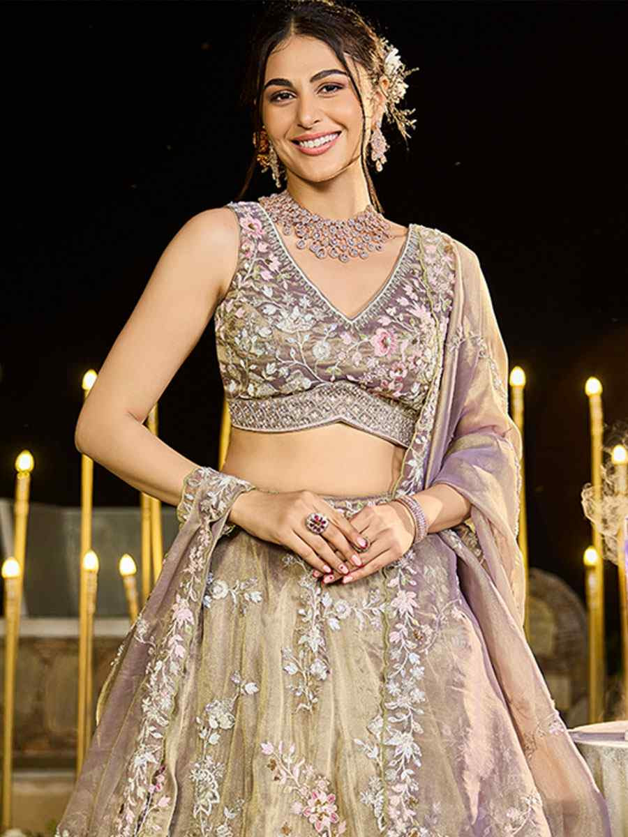 Lavender Tissue Embroidered Wedding Reception Festival Heavy Border Lehenga Choli