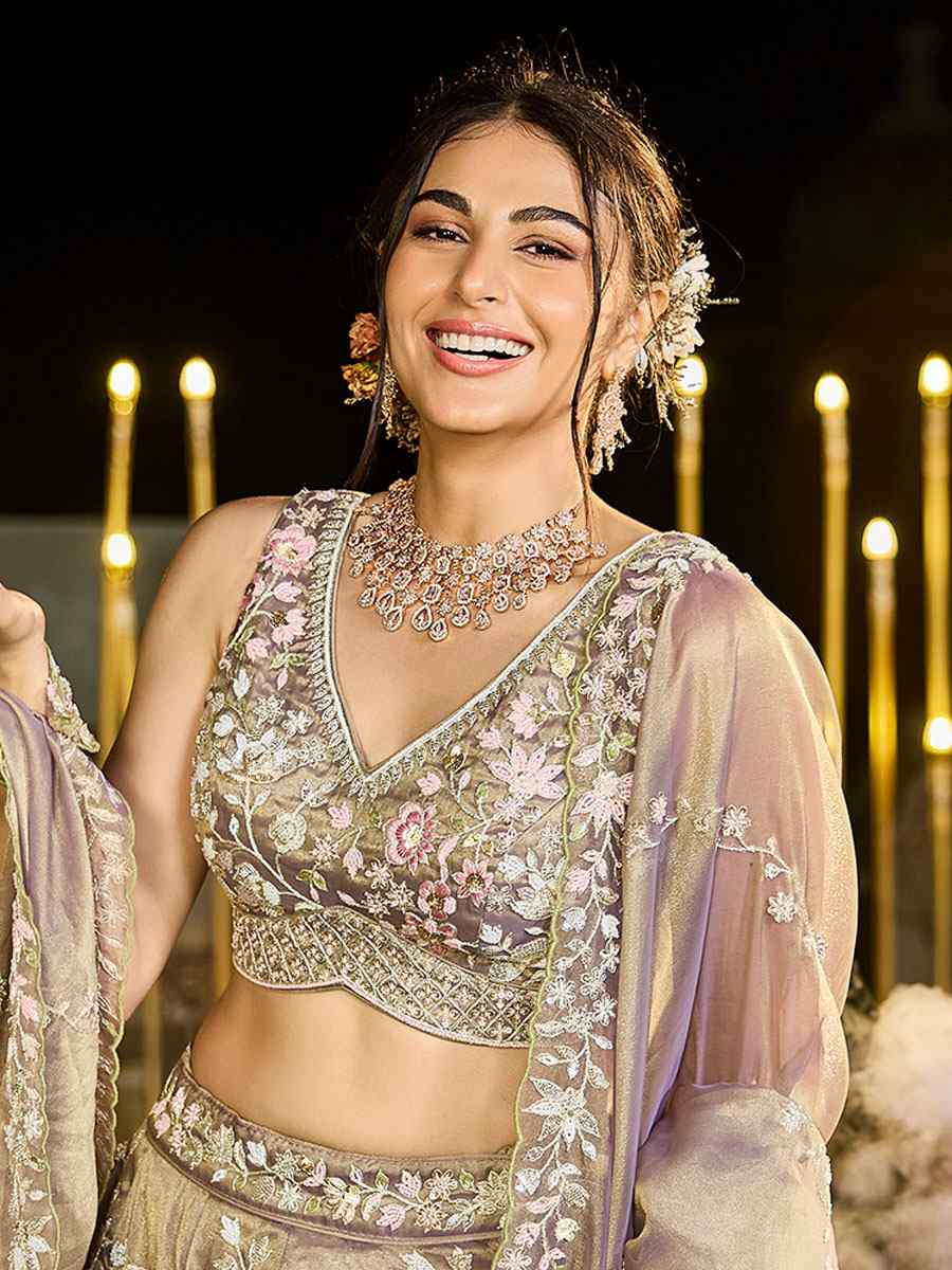 Lavender Tissue Embroidered Wedding Reception Festival Heavy Border Lehenga Choli