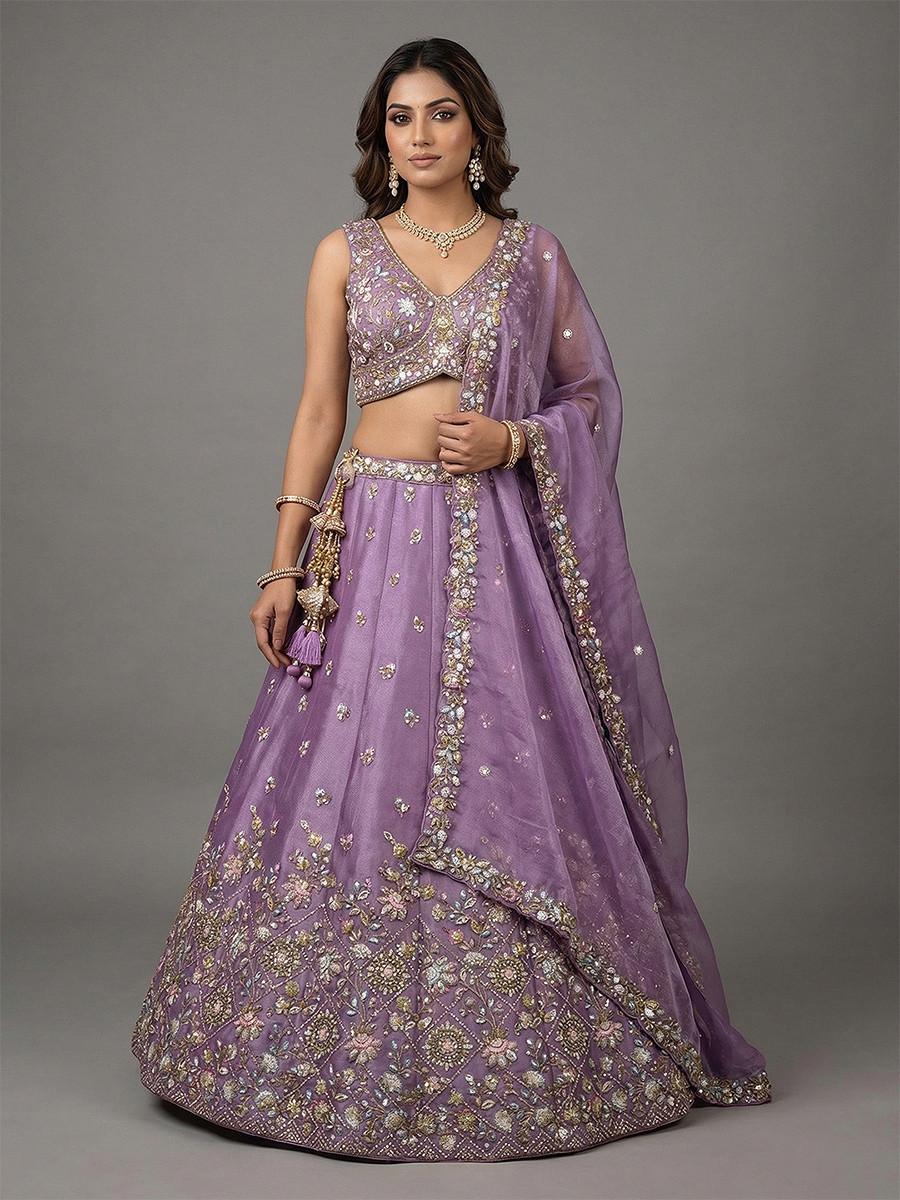 Lavender Tissue Embroidery Wedding Reception Party Festival Heavy Border Lehenga Choli
