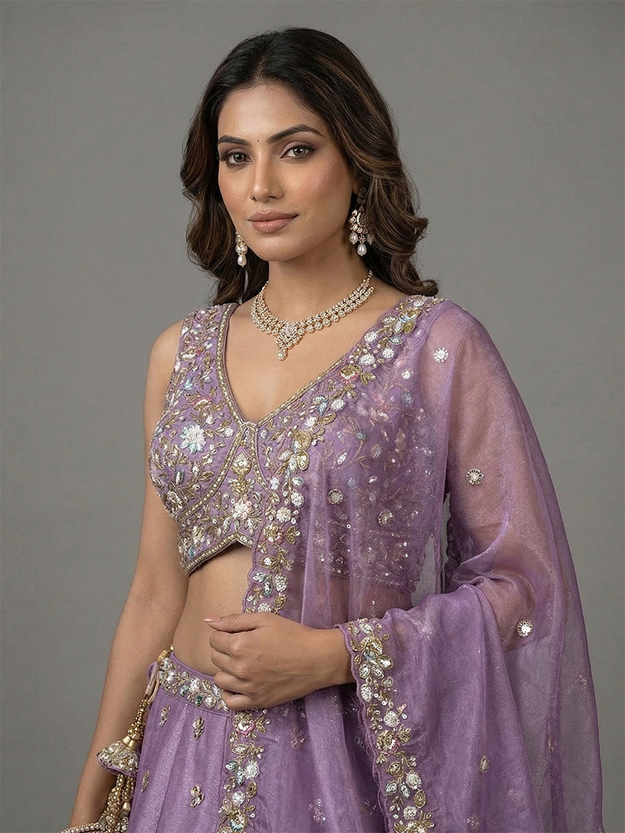Lavender Tissue Embroidery Wedding Reception Party Festival Heavy Border Lehenga Choli