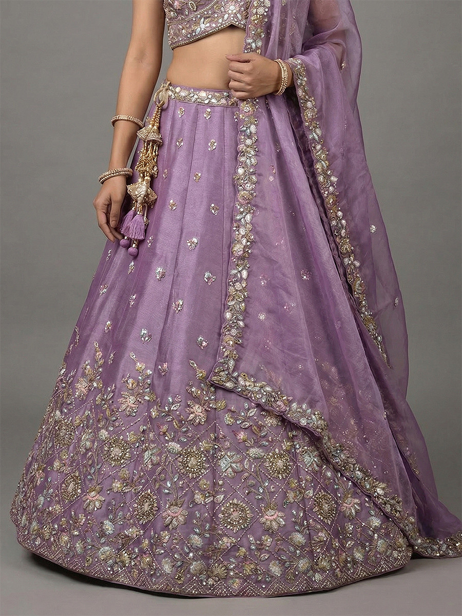 Lavender Tissue Embroidery Wedding Reception Party Festival Heavy Border Lehenga Choli